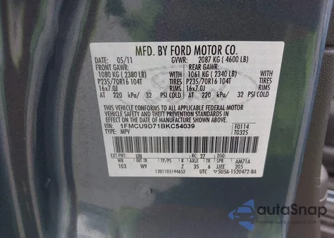 2011 Ford Escape Xlt из США, поврежденный, VIN 1FMCU9D71BKC54039